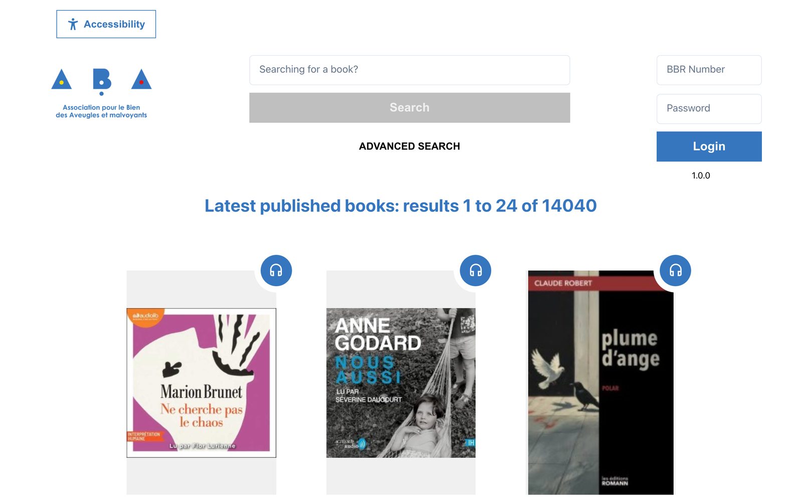 La page d'accueil du web player : recherche, accès membre et derniers livres audio